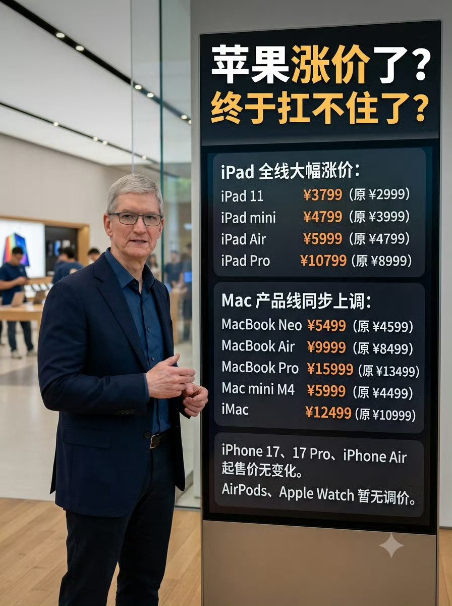 苹果多款产品涨价800-3500元，库克称成本压力难以为继